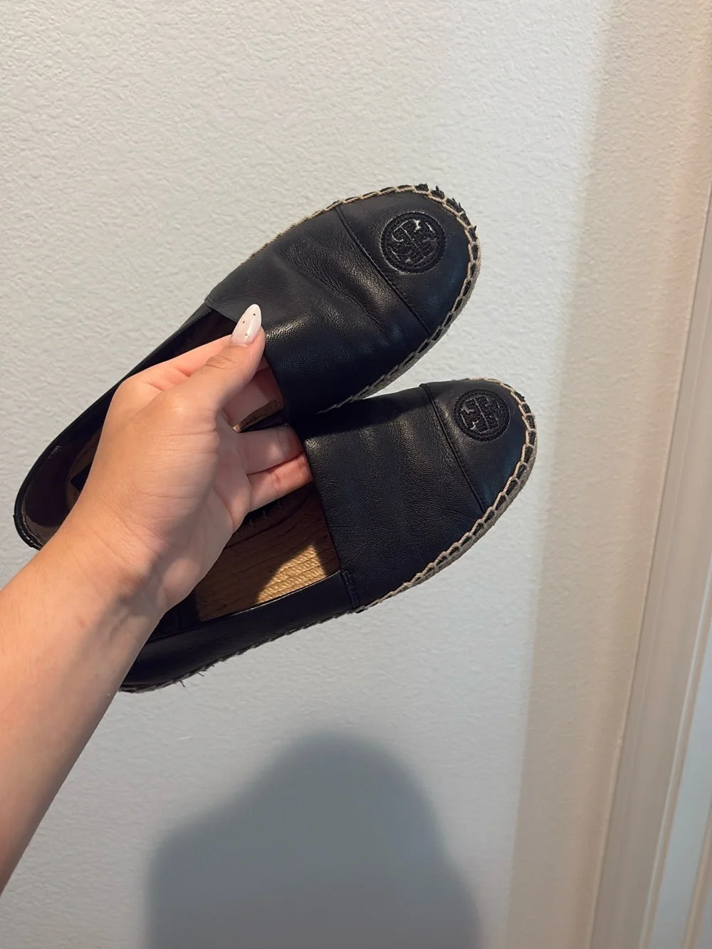 Tory Burch Black Leather Espadrille Slip-Ons with Logo